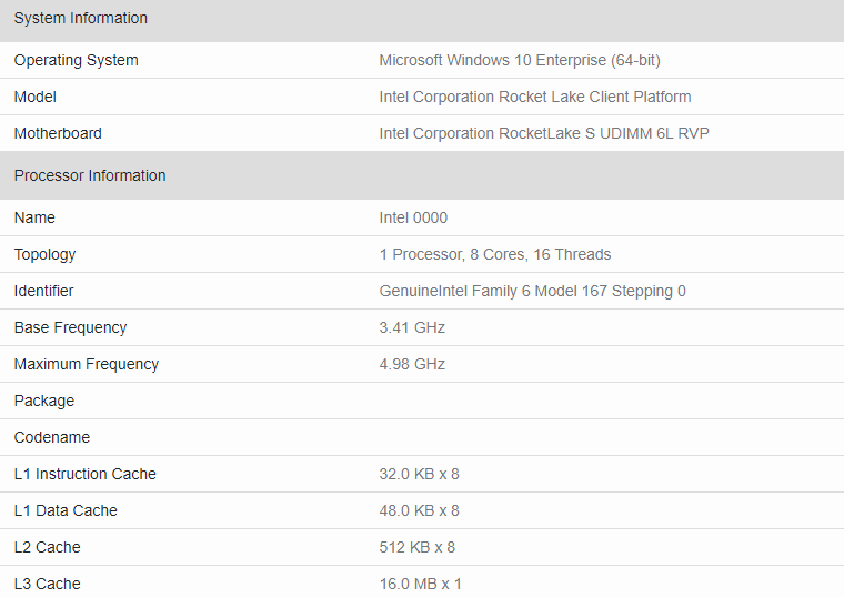 Intel Roocket Lake S 5 Ghz Geekbench