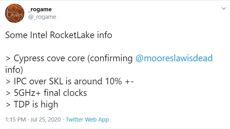 Intel Rocket Lake va améliorer de 10 % son IPC et ses fréquences 2 Rocket Lake Tweet Rogame