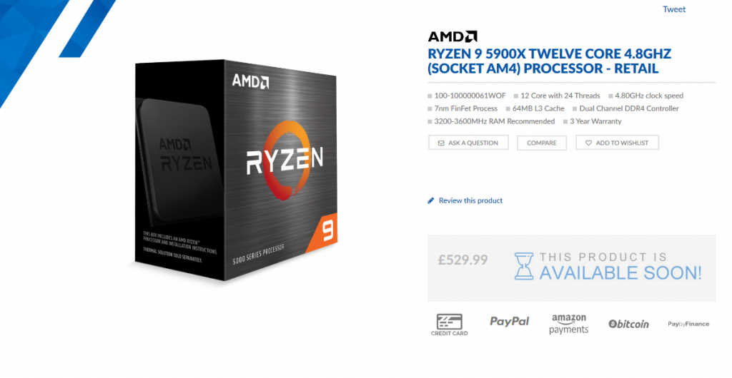 Ryzen 5000 : les prix européens arrivent 2 Screenshot 2020 10 10 AMD Ryzen 9 5900X Twelve Core 4 8GHz Socket AM4 Processor Retail