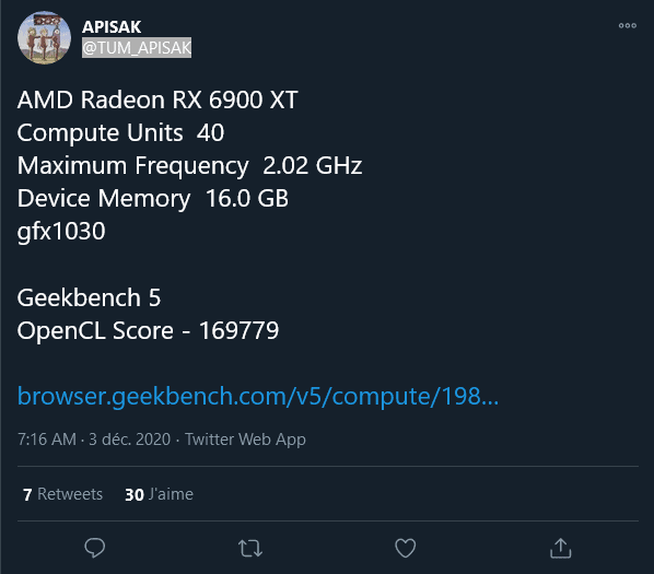 RX 6900 Xt opencl Screenshot 2020 12 03 APISAK sur Twitter