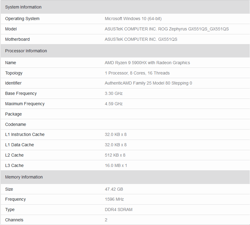 Le Ryzen 9 5900HX apparaît dans Geekbench 2 Screenshot 2020 12 05 ASUSTeK COMPUTER INC ROG Zephyrus GX551QS GX551QS Geekbench Browser1