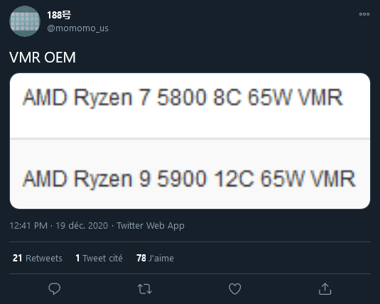 AMD prévoit quatre nouveaux Sku de la série Ryzen 5000 3 Screenshot 2020 12 21 188号 sur Twitter 1