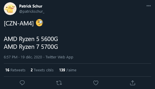 AMD prévoit quatre nouveaux Sku de la série Ryzen 5000 4 Screenshot 2020 12 21 Patrick Schur sur Twitter