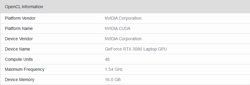 Résultat Geekbench pour RTX 3080 mobile