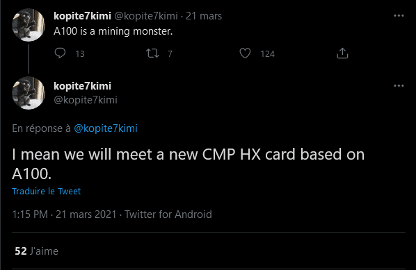 Le GPU Ampere A100 bientôt au service de la crypto-monnaie ? 2 Tweet de @kopite7kimi