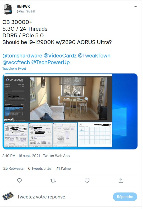 1 REHWK sur Twitter CB 30000 5.3G 24 Threads DDR5 PCIe 5.0 Should be i9 12900K wZ690 AORUS Ultra @tomshardware @VideoCardz @