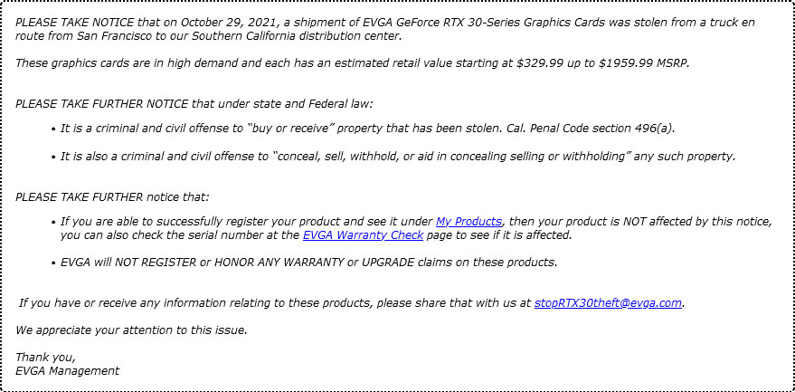 Un camion transportant des EVGA RTX a été volé 2 Notice of Stolen EVGA GeForce RTX 30 001