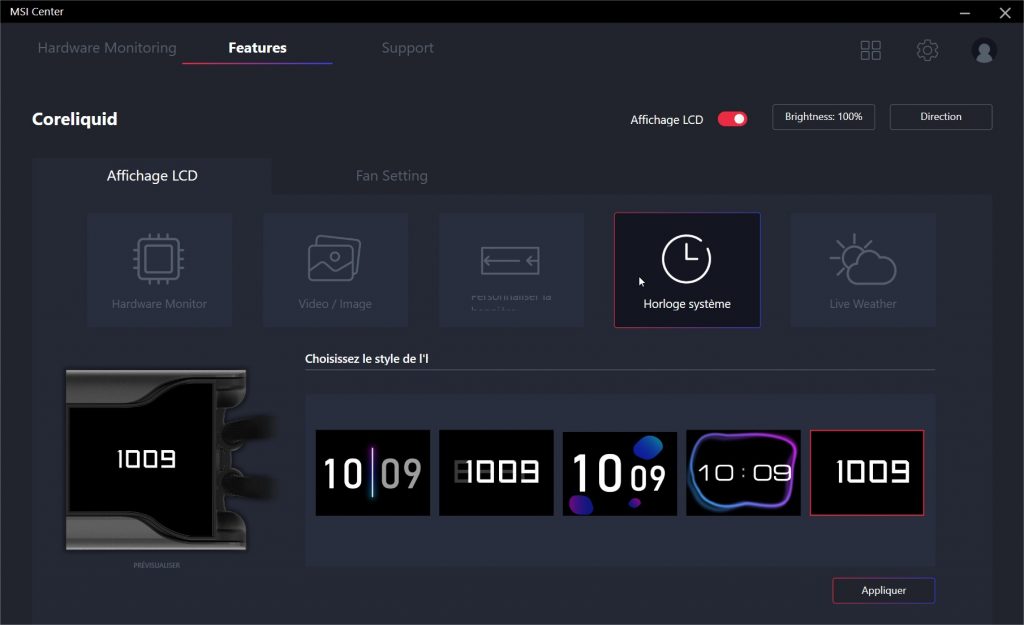 Test du Msi Meg Coreliquid S280 9 Application Msi center pour aio coreliquid : paramètres d'affichage LCD