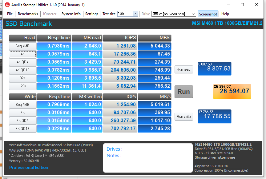 Test MSI SPATIUM M480 1 To HS 3 Msi M480 1tb 1000gb 1gb Anvil 100