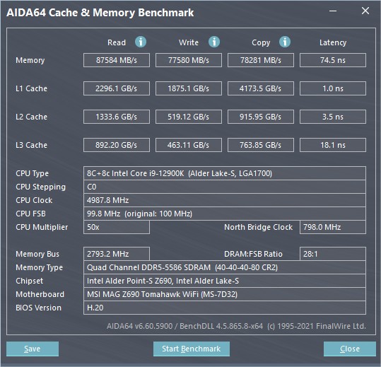 Test Msi Mag Z690 Tomahawk Wifi (DDR5) 2 Aida 64 Bench Memoire