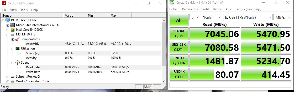 Test MSI SPATIUM M480 1 To HS 2 Pcmark10 Storage Msi M480 1to Temperature