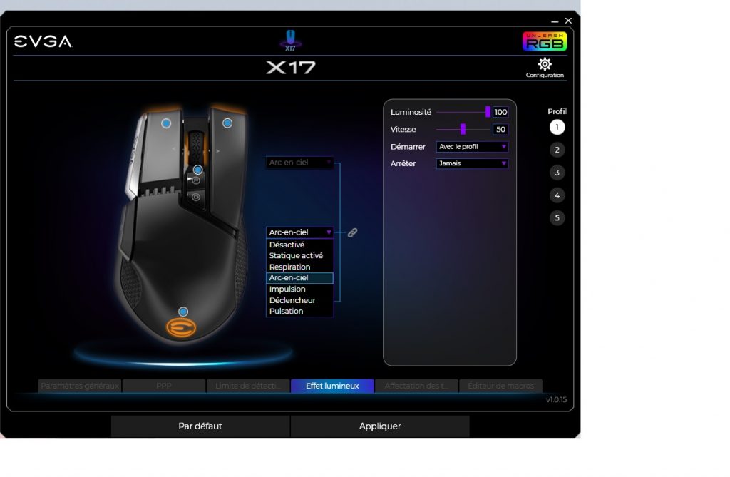 Test souris EVGA X17 : entrée réussie 8 Evga X17 Log Effet Lumineux Options