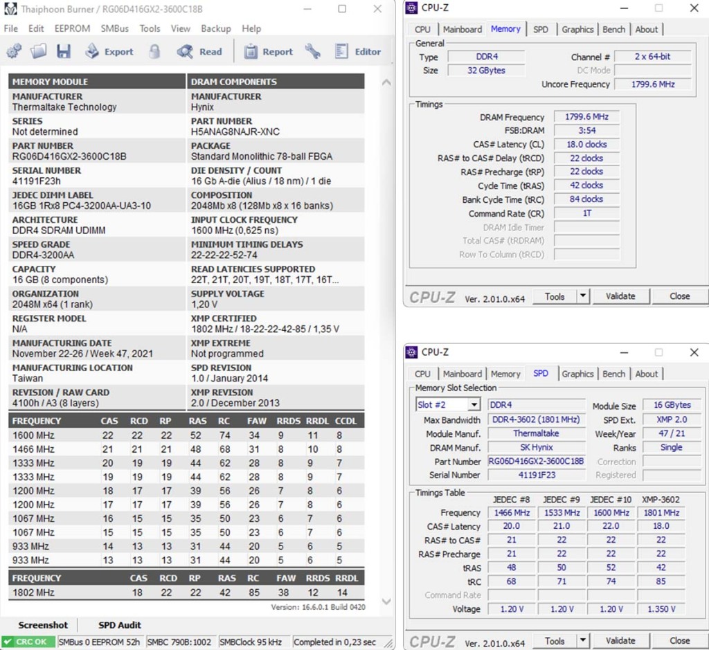 Test : Thermaltake TOUGHRAM XG RGB 2×16 Go 3600 MHz White 4 Thaiphoon Burner et CPU-Z