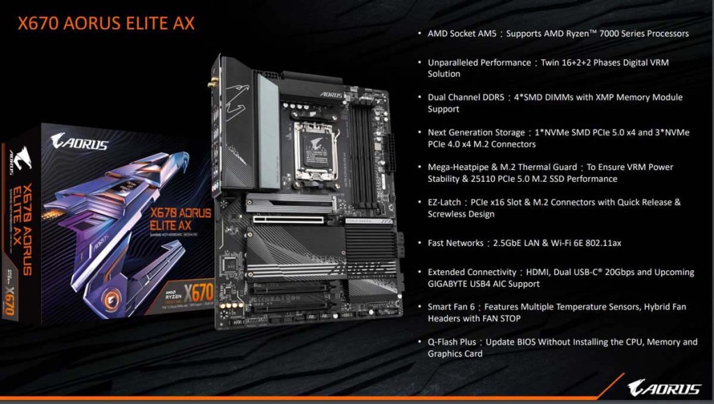Les cartes mères X670/X670E AORUS pour les Ryzen 7000 5 GIGABYTE X670 AORUS ELITE AX
