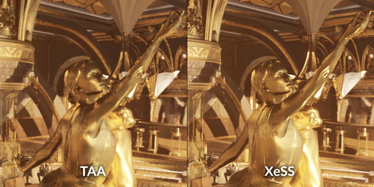 Comparaison entre le rendu de résolution native et XeSS dans le nouveau test de fonctionnalité 3DMark.