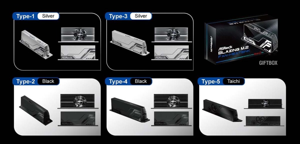 ASRock Blazing M.2 Gen5 Fan-Heatsink, cinq Types 3 De Type-1 à Type-5, cinq références