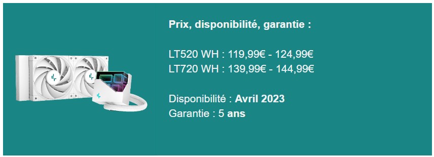 AIO DeepCool série LT : le blanc est à l'honneur 4 AIO DeepCool série LT WH prix et disponibilité