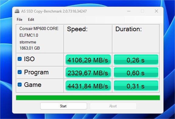 corsair mp 600 core xt 2 to as ssd copy score