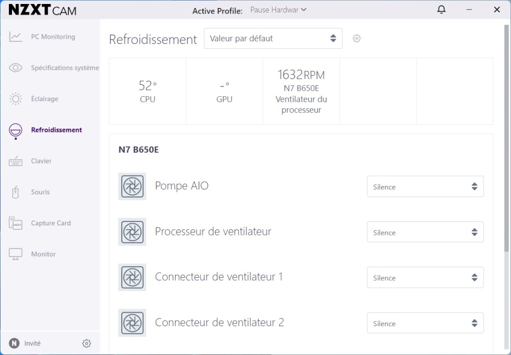 NZXT N7 B650E CAM refroidissement
