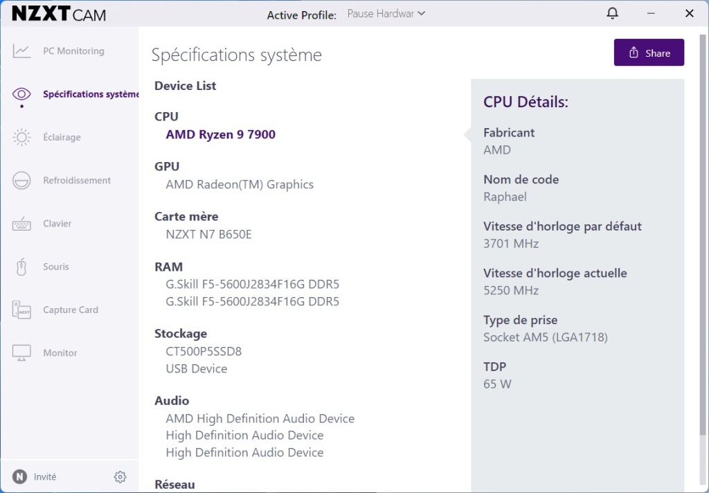 NZXT N7 B650E CAM specifications systeme