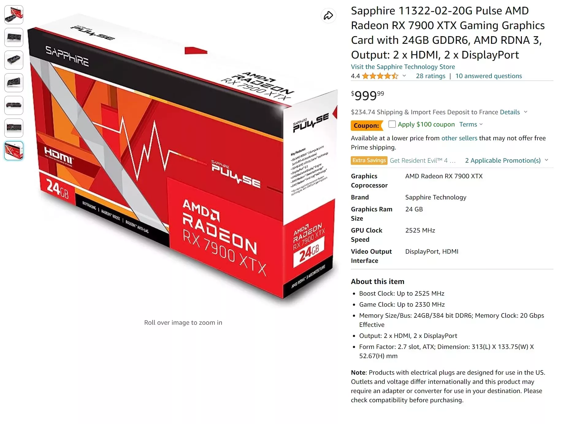 AMD RX 7900 XTX : les prix baissent 2 Prix Sapphire RX 7900 XTX
