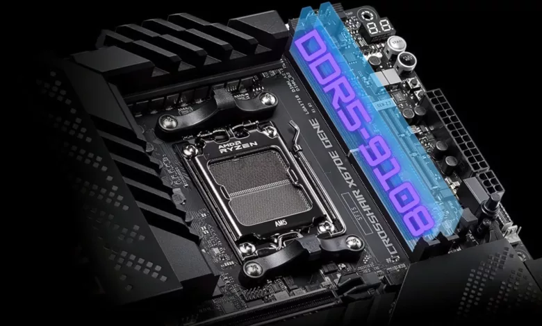 Sur l'ASUS ROG Crosshair X670E Gene, la mémoire DDR5 peut atteindre 9108 MHz 1 ASUS DDR5 9108 AM5 AMD Ryzen 7000 CPU Memory OC scaled