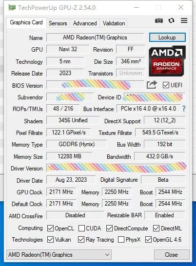 AMD Radeon RX 7700 XT GPUz