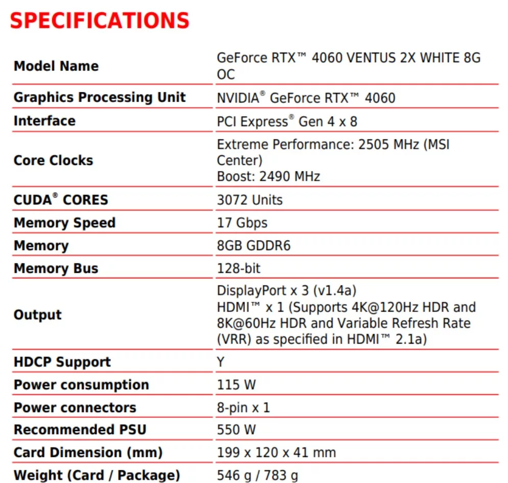 MSI prépare des RTX 40 Ventus 2X blanches 3 MSI Ventus 2X specs