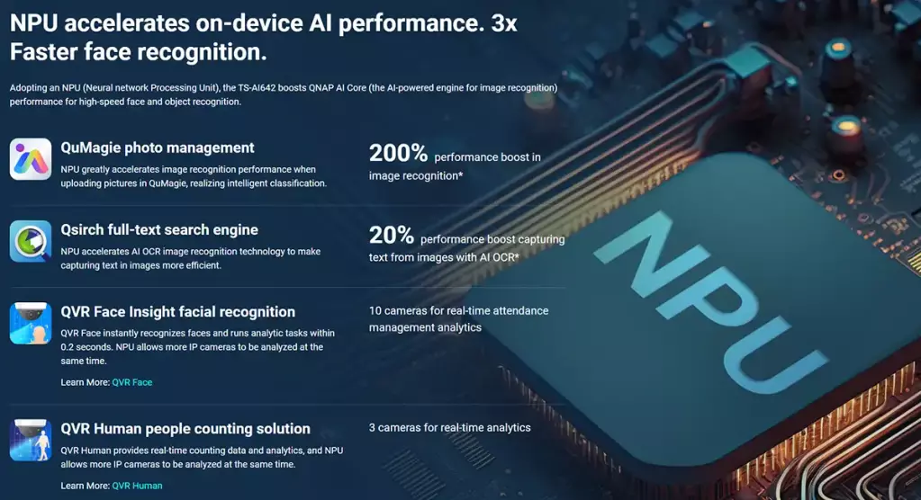 QNAP annonce le NAS TS-AI642 basé sur ARM avec 6 TOPS NPU 3 npu acelerates on device ai performance