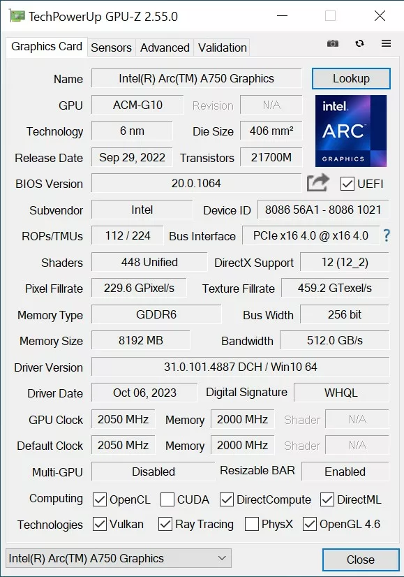 Intel ARC A750 GPU Z