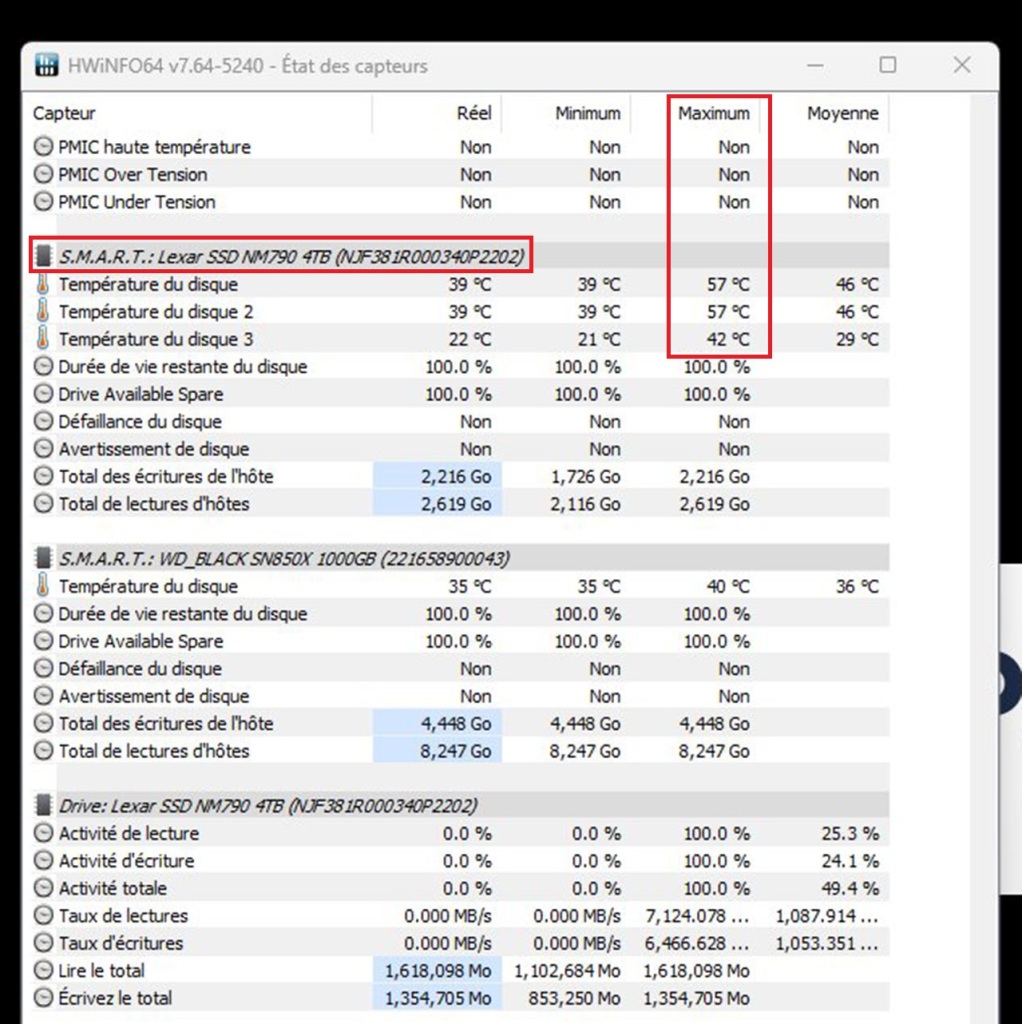 test ssd nvme lexar nm790 temp avec heatsink
