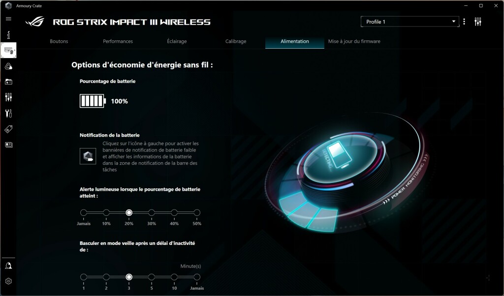 ASUS ROG Strix Impact III Wireless Armory Crate alimentation