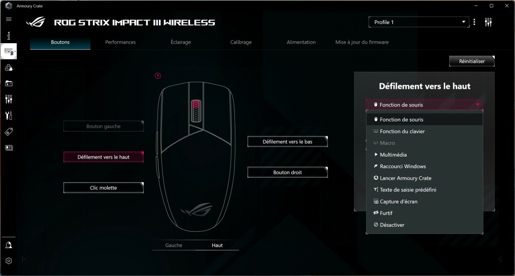 ASUS ROG Strix Impact III Wireless Armory Crate attribution bouton 1