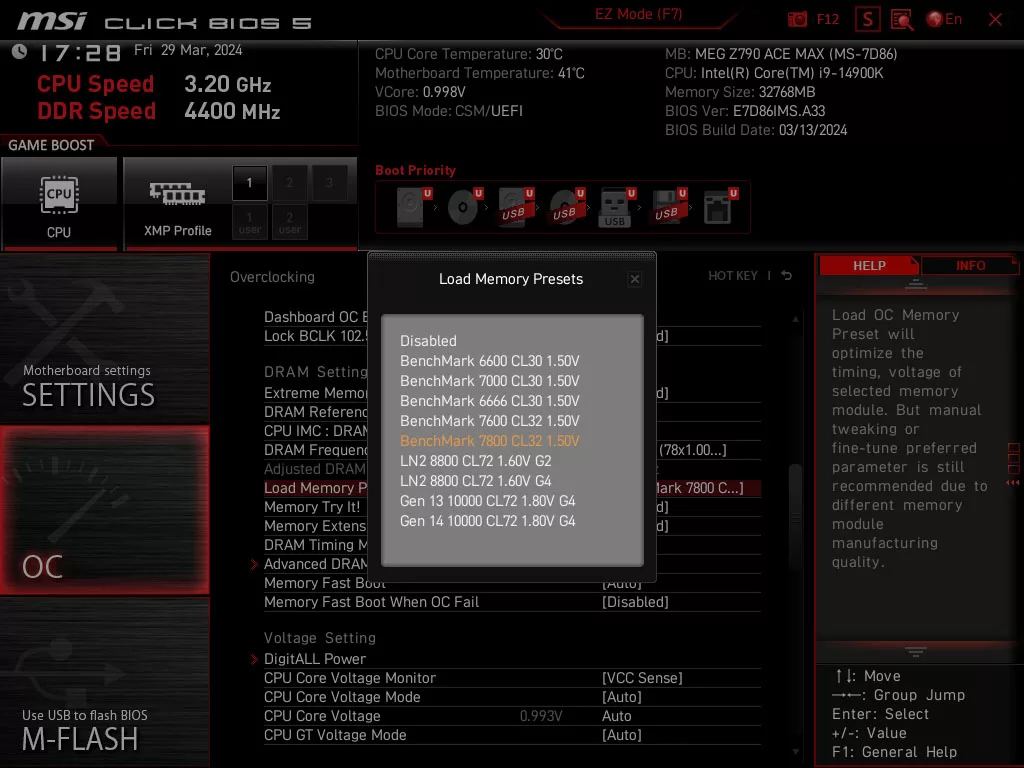 meg z790 ace max bios uefi overclocking memory presets