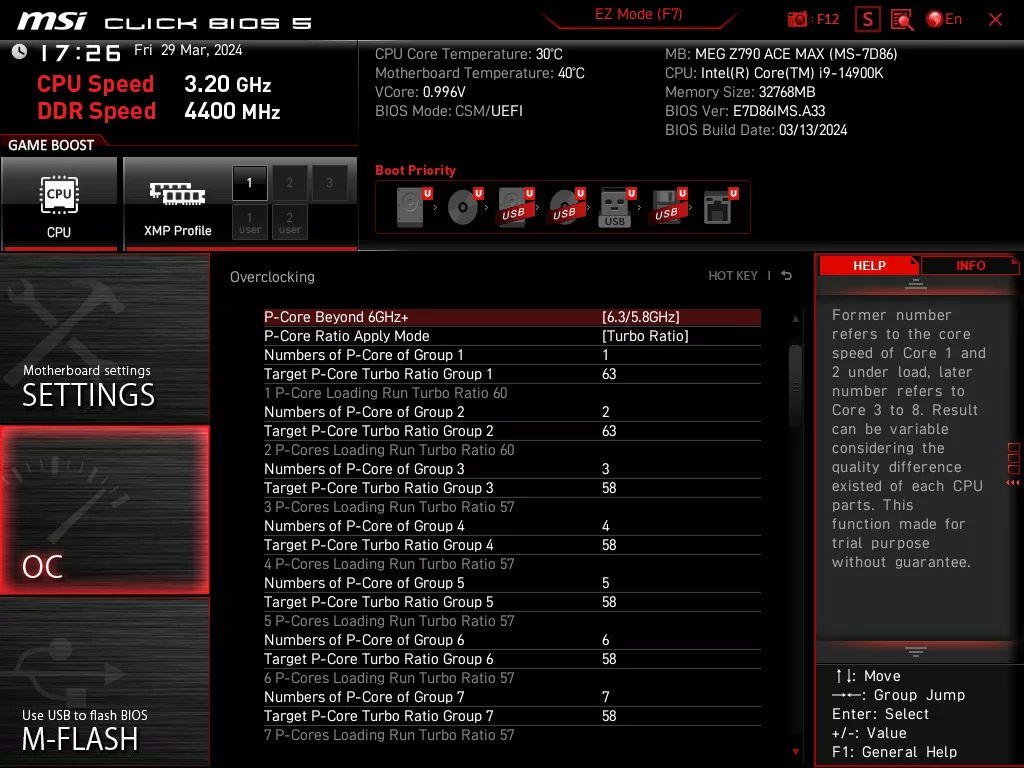 msi meg z790 ace max bios uefi P Core Beyond 6GHz