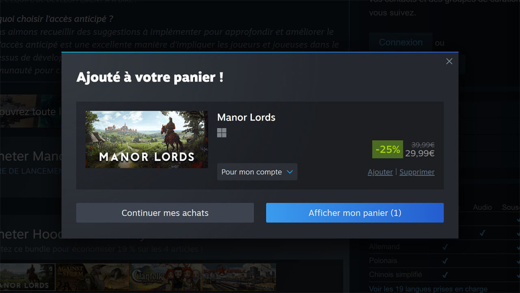 Profitez de 25% de réduction sur le jeu Manor Lords 3 25% de reduction sur le jeu Manor Lords Steam