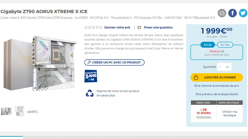 Prix Gigabyte Z790 AORUS XTREME X ICE 1999 EUR