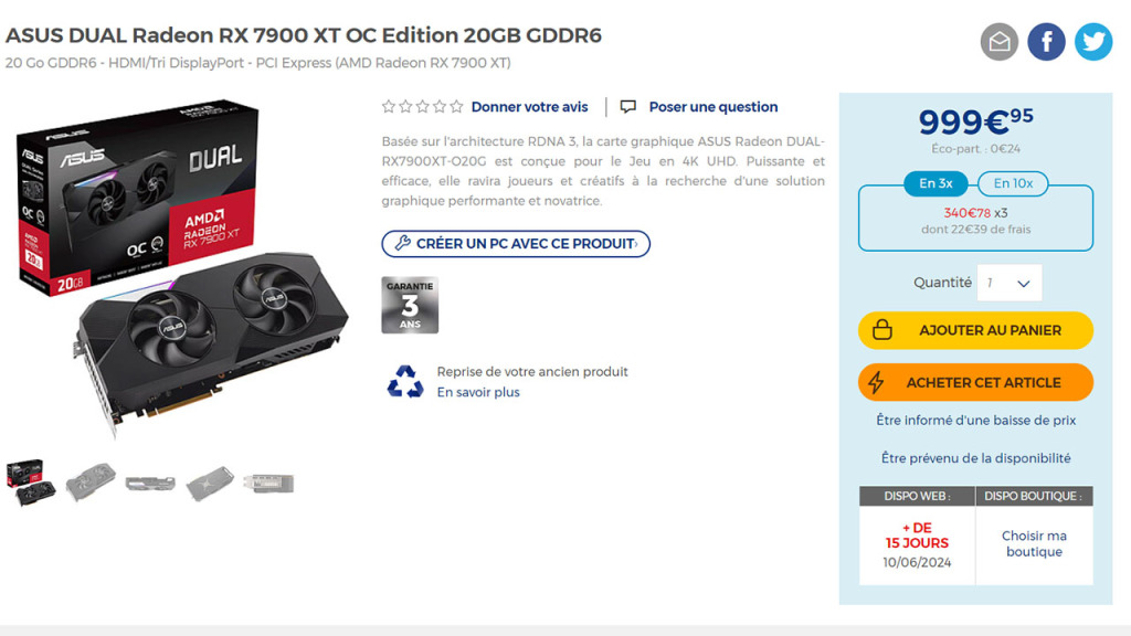 ASUS RX 7900 XT, XTX & GRE Dual OC : Cartes à 2 moulins 6 ASUS DUAL Radeon RX 7900 XT OC Edition 20GB GDDR6 Carte graphique LDLC