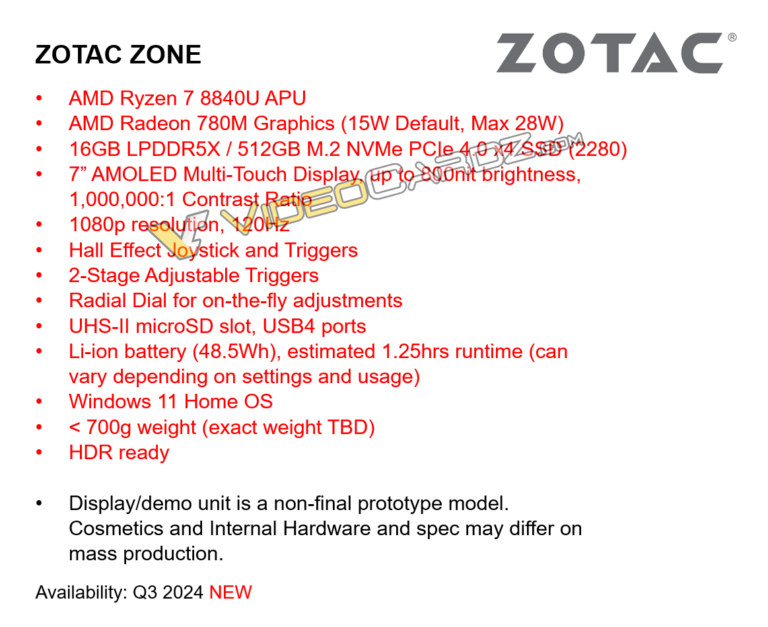 Fuite des spécifications du ZOTAC ZONE : AMD Ryzen 7 8840U et écran AMOLED de 7 pouces 120Hz 2 ZOTAC ZONE SPECS LEAK 768x627 1