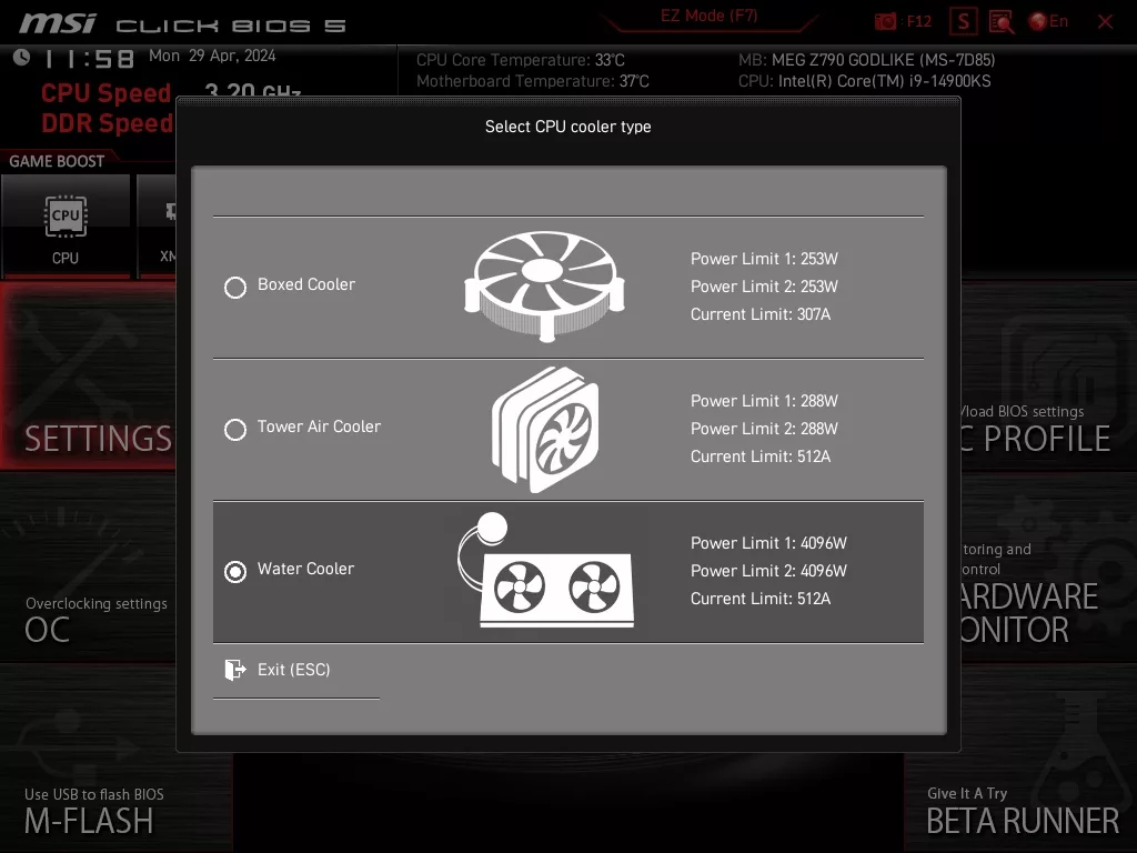 Impact du profil de base Intel sur le Core i9-14900KS 3 msi tdp