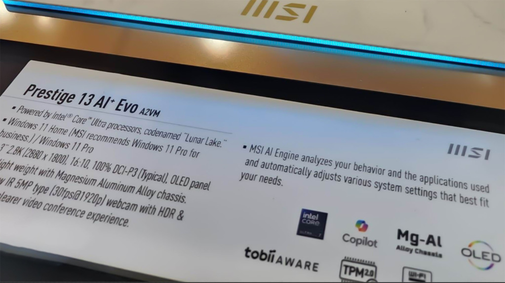 Nouveaux laptops MSI Prestige et Summit avec processeurs Intel Lunar Lake dévoilés au Computex 2024 7 MSI Prestige 13 AI Evo A2VM specs