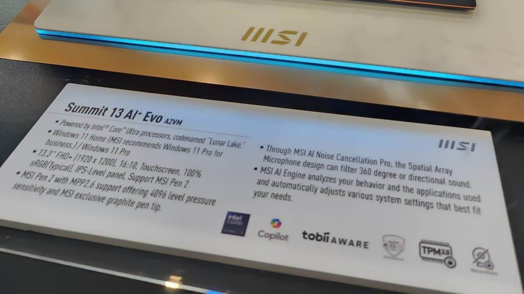 Nouveaux laptops MSI Prestige et Summit avec processeurs Intel Lunar Lake dévoilés au Computex 2024 9 MSI Summit 13 AI EVO 12VM Specs
