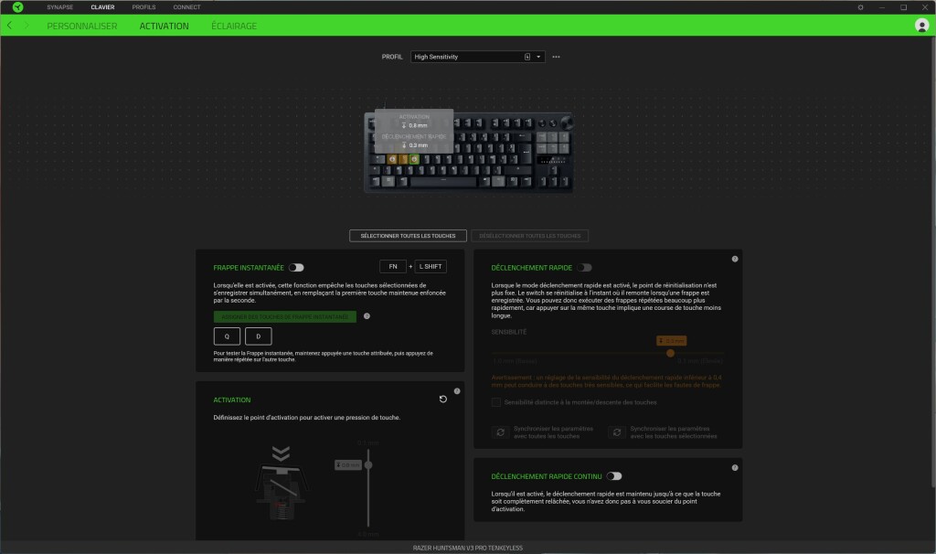 RAZER Hunstman V3 Pro TKL logiciel état des touches