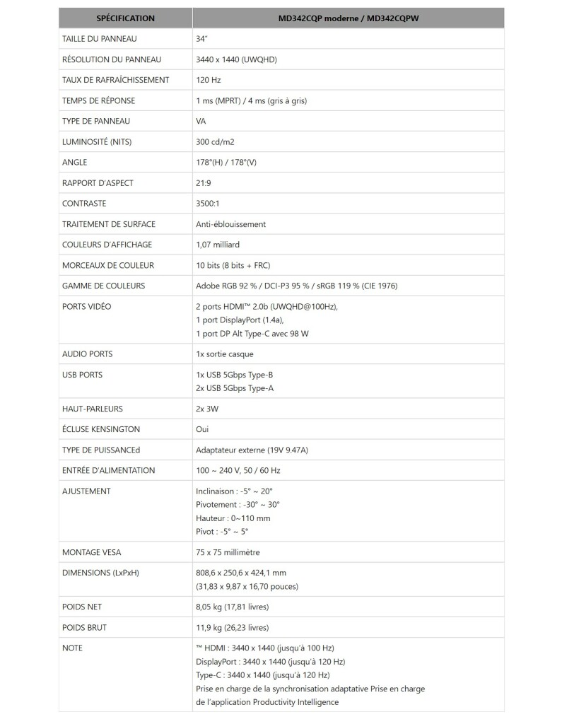 MSI Modern MD342CQP Series : un mélange parfait de performance, de confort et de polyvalence pour les professionnels 5 MSI Modern MD342CQP specs