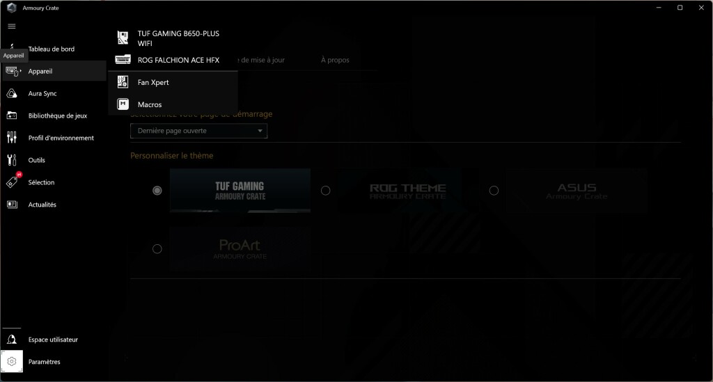 ASUS ROG Falchion ACE HFX logiciel accueil