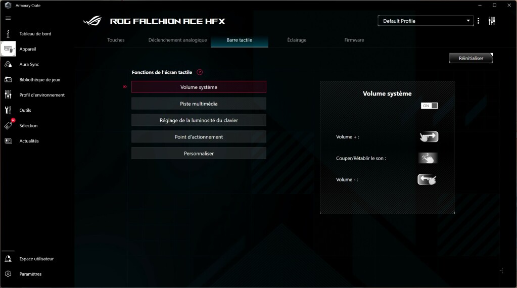 ASUS ROG Falchion ACE HFX logiciel barre tactile