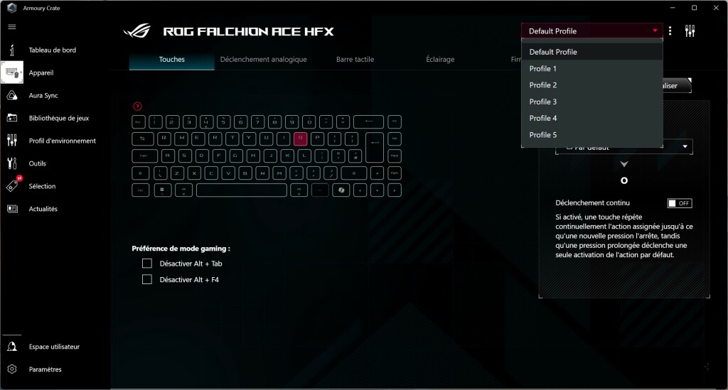 ASUS ROG Falchion ACE HFX logiciel profils