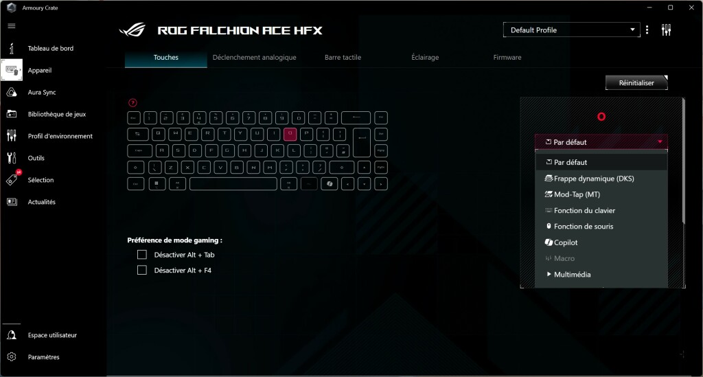 ASUS ROG Falchion ACE HFX logiciel touches assignation