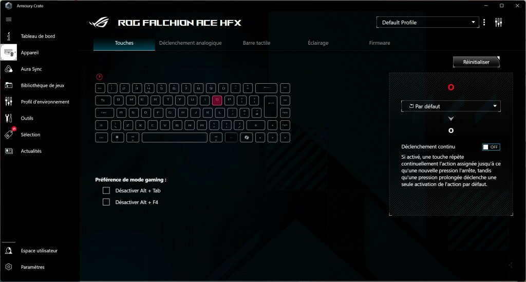 ASUS ROG Falchion ACE HFX logiciel touches déclenchement continu