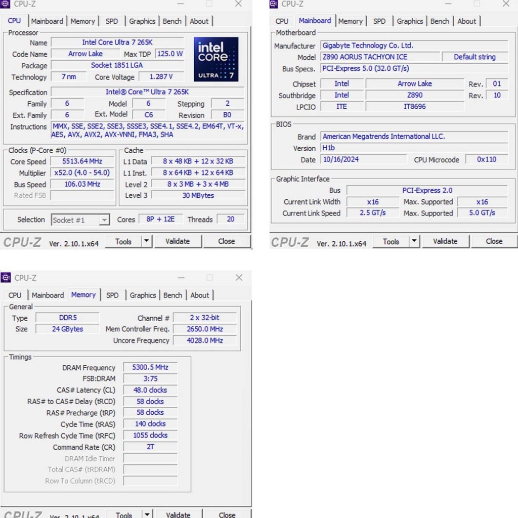 Un OC DDR5-10600 sur une GIGABYTE Z890 AORUS TACHYON ICE 2 Gigabyte Z890 DDR5 10600 CPUZ